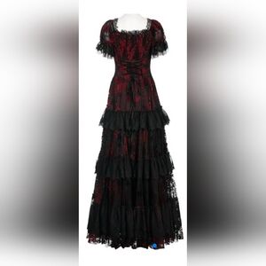 Elegant Black and Red Lace Tiered Dress Gothic